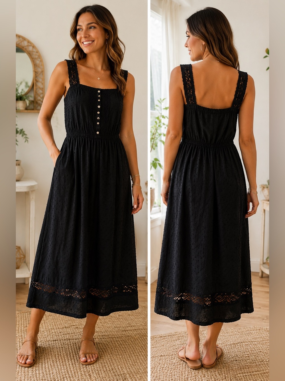 LOFT Black Crochet Lace Lined Midi Dress Size 8 NWT Prairie Festival Coquette